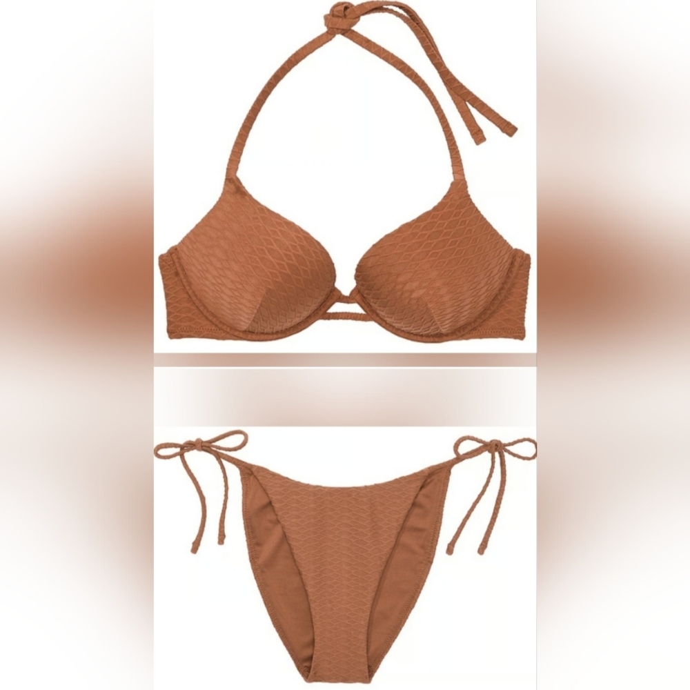 38DD/L VS Swim Bombshell PushUp Bikini Top Side Tie Cheeky Bikini Set Fishnet - Picture 11 of 12